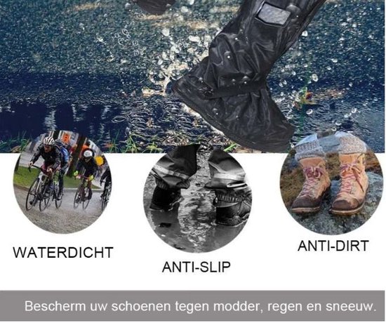 Zwarte overschoenen worden getoond in waterdichte, anti-slip en anti-vuil omstandigheden, met fietsers, modderige voeten en sneeuwlaarzen.