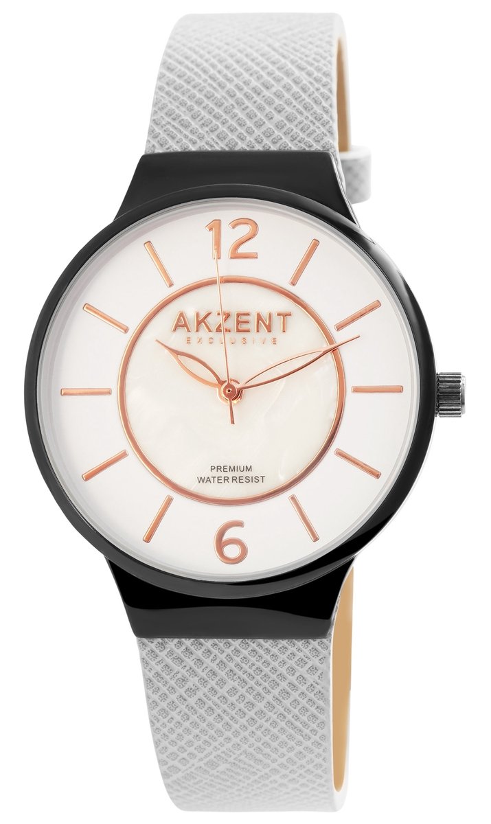 Akzent-Dames horloge-Analoog-Rond-36MM-Zwarte kast-Grijs lederen band.