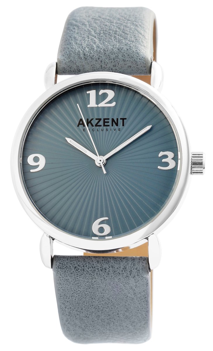Akzent-Dames horloge-Analoog-Rond-38MM-Zilverkleurig-blauw-grijze lederen band.