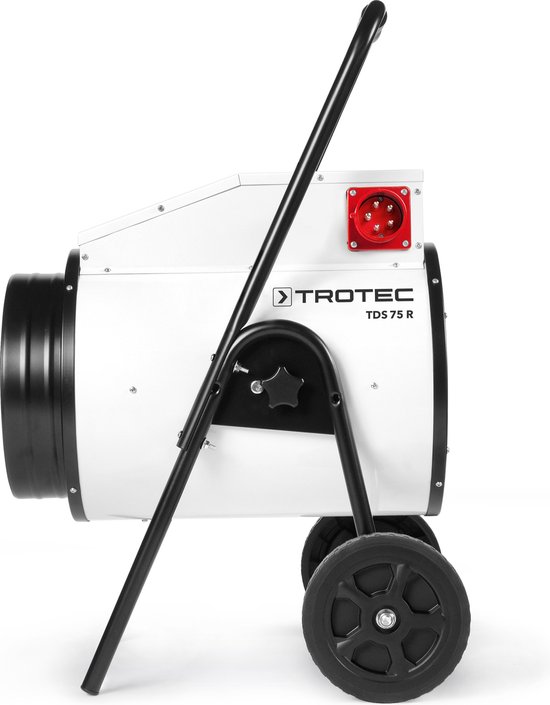 Zijaanzicht van de Trotec TDS 75 R met rode 400V stroomaansluiting en wielen.