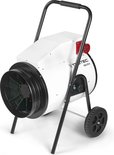 Mobiele 15kW elektrische kachel Trotec TDS 75 R met wielen, zwart frame en witte cilindrische behuizing.
