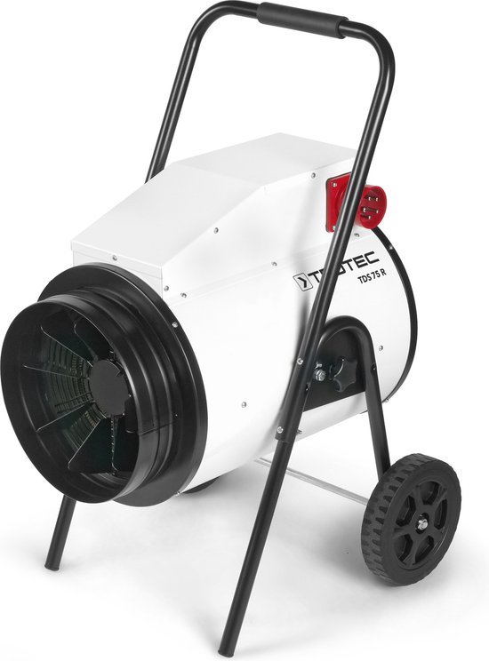 Mobiele 15kW elektrische kachel Trotec TDS 75 R met wielen, zwart frame en witte cilindrische behuizing.