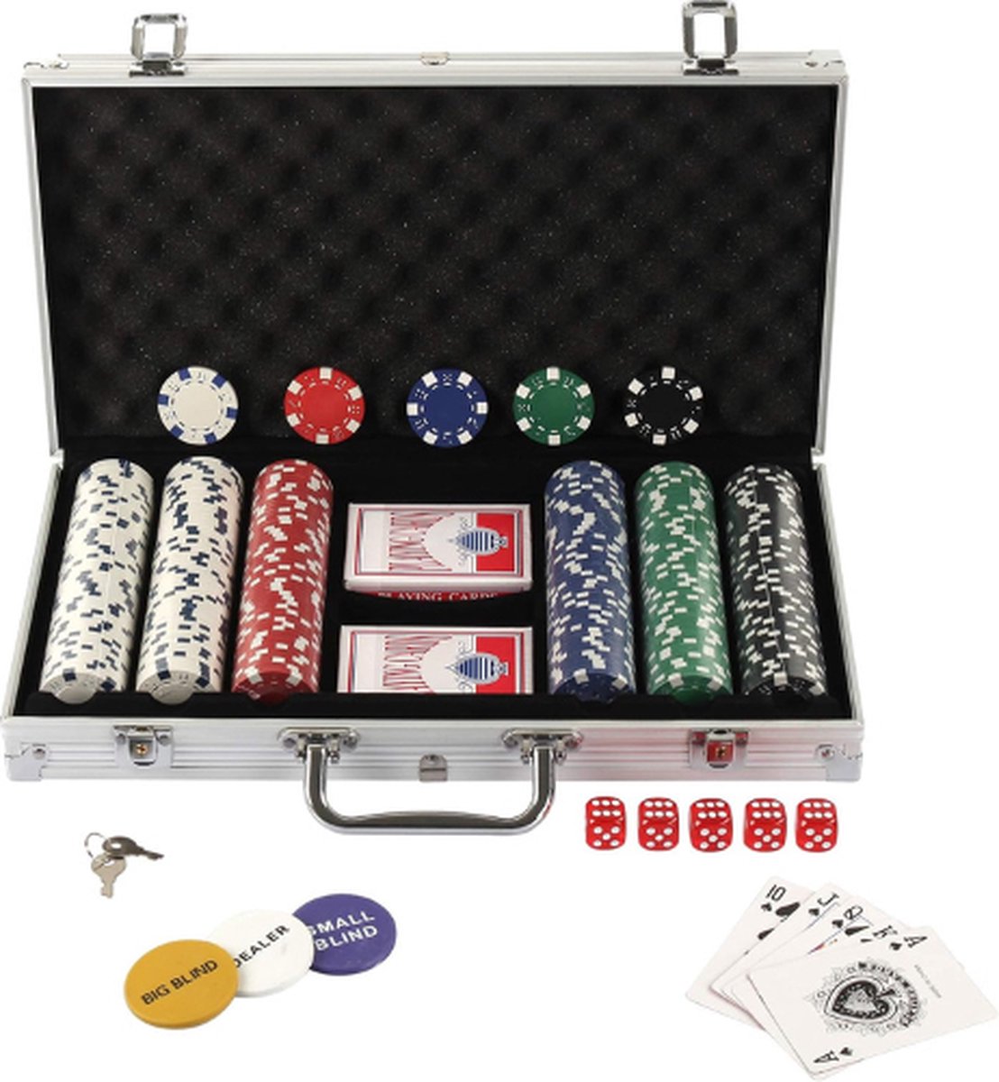 Pokerset met Koffer - 300-delige Texas Holdem Pokerchipset - Poker - met Sleutels - Casino Speelkaarten
