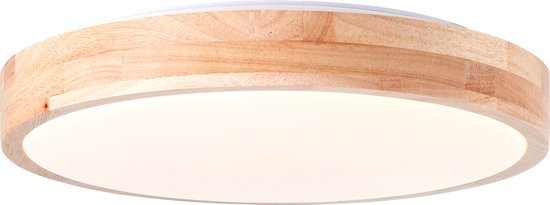Ronde, platte lamp met een houten rand en een witte diffuser, geïsoleerd op witte achtergrond.
