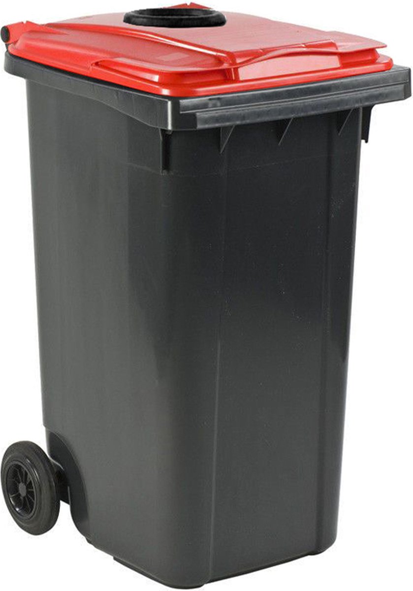 Afvalcontainer 240 liter grijs met rood deksel met glasrozet