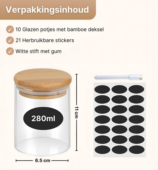 Quality Needz - Weck Jar - Bocaux de Bocaux de conservation - Bocaux en Verres avec couvercle - Ensemble de 10 pièces - Boîtes de Bidons alimentaires - Sans BPA - Stylo gratuit et Autocollants réinscriptibles