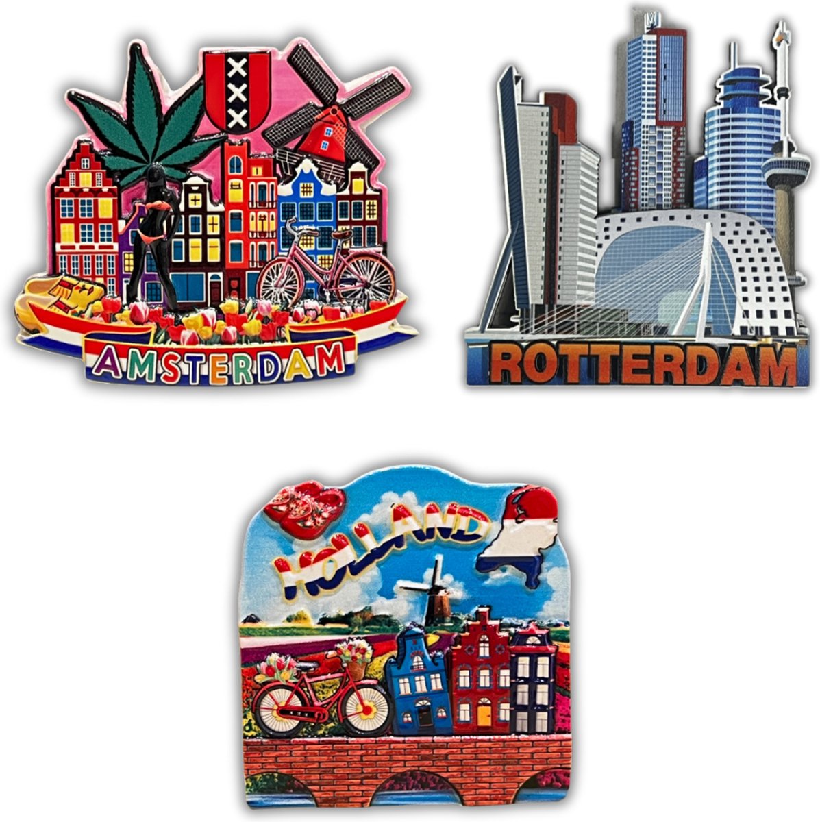 Koelkastmagneten Set: Rotterdam - Amsterdam - Holland - Souvenirs - 3 stuks