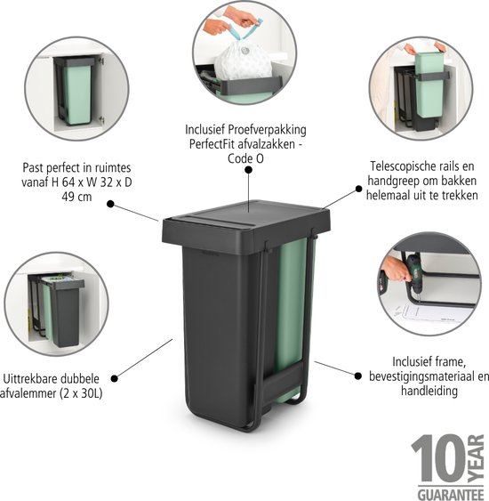 Brabantia afvalbak met jade groen en donkergrijs, inclusief frame en 10 jaar garantie.