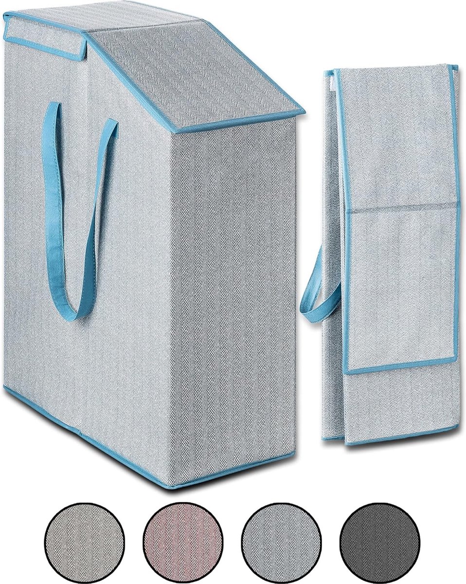 Goedkoopste wasmand met deksel, 52 l, 20 x 45 x 60 cm, opvouwbare wasmand voor nissen, ruimtebesparende wasbak, blauw-beige