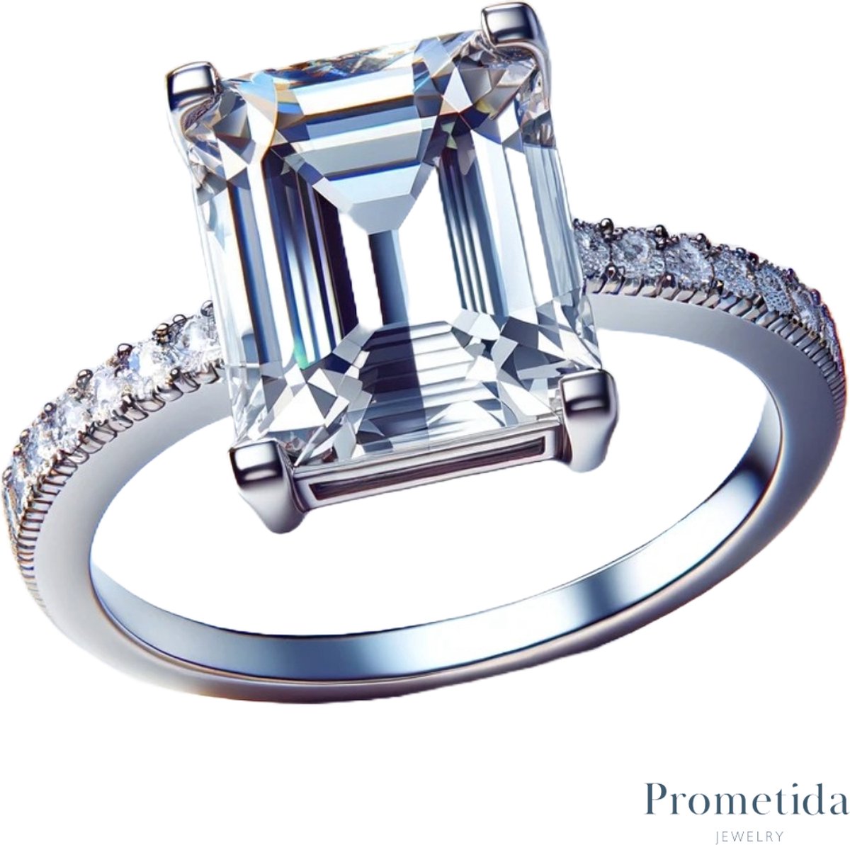 Prometida - Verlovingsring - Ringenset - Ring Dames - Emerald-cut Solitair pavé - Zirkonia steen - Sterling Zilver 925 - Aanschuifring pavé in v-vorm - Uitgesproken ring