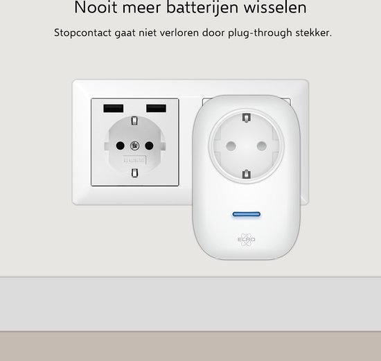 Witte stekker-ontvanger die in een stopcontact is geplaatst, naast een ander stopcontact. Tekst: 'Nooit meer batterijen wisselen'.