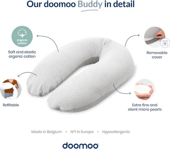 Doomoo Buddy - Voedingskussen - Zwangerschapskussen - Zijslaapkussen met superfijne en extra stille microkorrels - Bio katoen - 180cm - Caribou - Doomoo