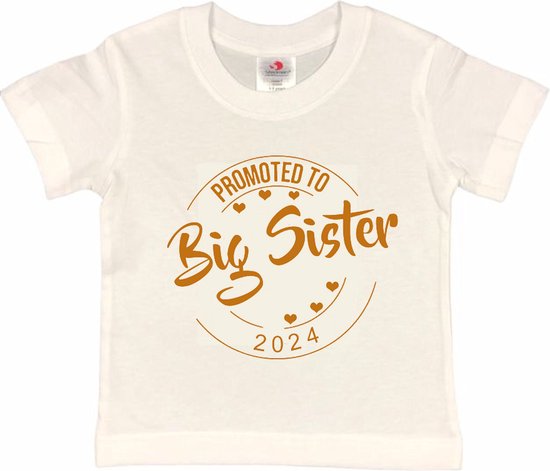 Shirt Aankondiging zwangerschap Promoted to Big Sister 2024 | korte mouw | wit/tan | maat 98/104 zwangerschap aankondiging bekendmaking Baby big sis sister Grote Zus