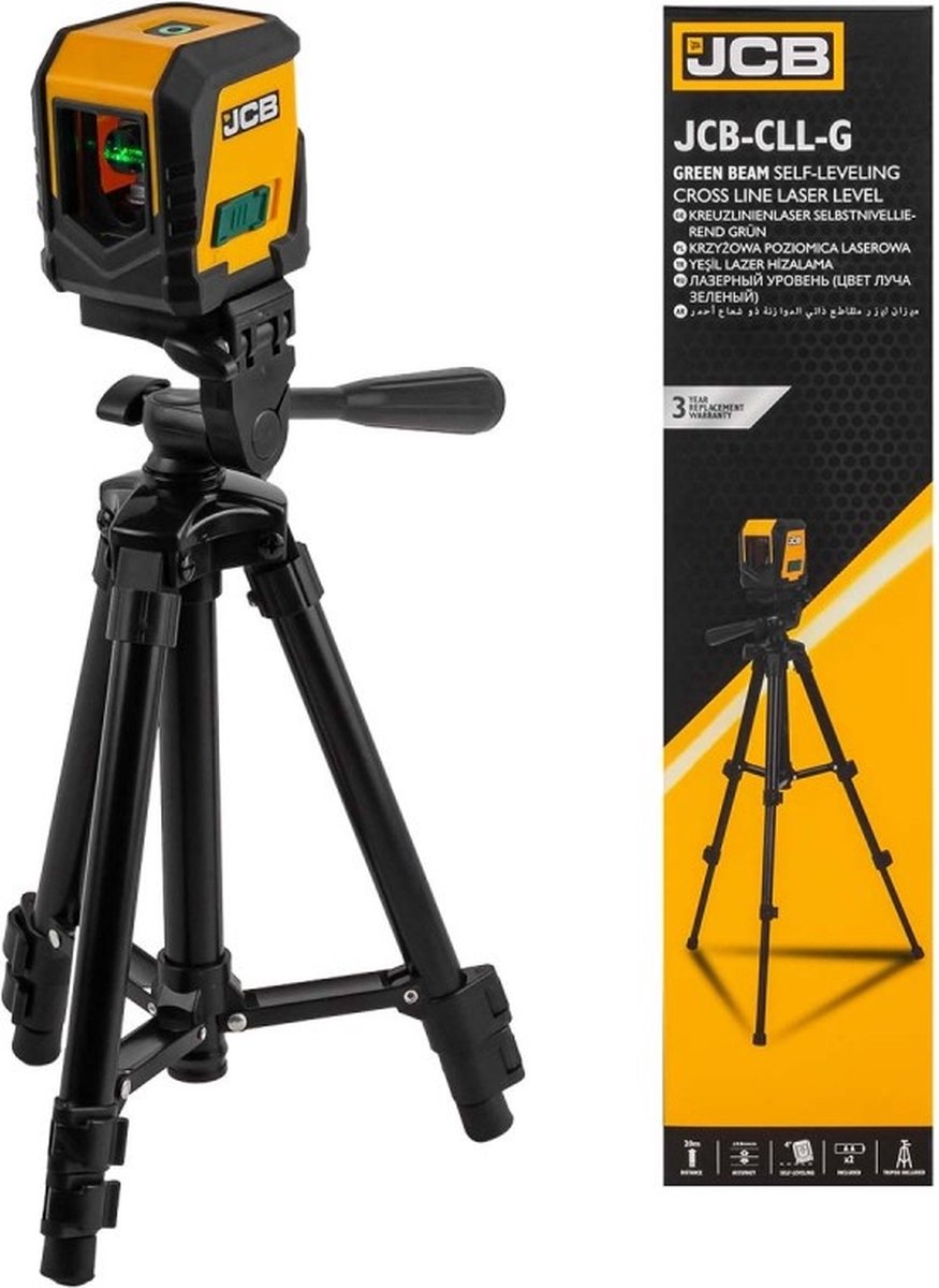 JCB Professionele – Kruislijnlaser met statief – 20 meter – Bouwlaser zelfnivellerend – kruislijnlaser zelfnivellerend - kruislaser - rotatielaser - laserwaterpas - Groen