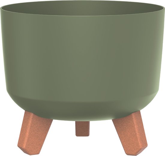 Groene, ronde pot met oranje pootjes.