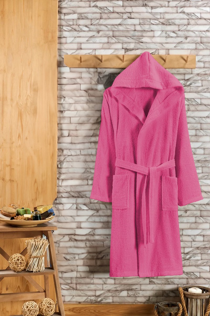 Uniseks badjas van katoen met capuchon, zakken en riem, licht, absorberend, ademend, ideaal voor thuis, spa, zwembad, sportschool en reizen, Fuchsia, S/M