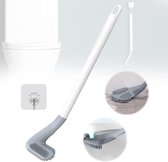 Siliconen toiletborstel voor hoeken en spleten met extra lange steel, wandgemonteerde badkamertoiletborstel, witte handgreep met grijze kop