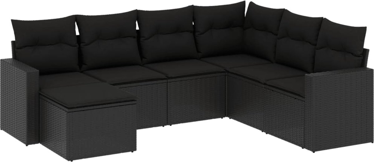 vidaXL 7-delige - Loungeset - met - kussens - poly - rattan - zwart