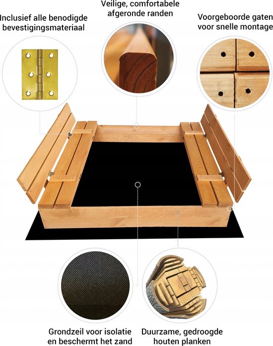 Houten zandbak met grondzeil en duurzame, gedroogde planken.