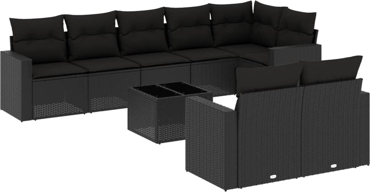 vidaXL 9-delige - Loungeset - met - kussens - poly - rattan - zwart