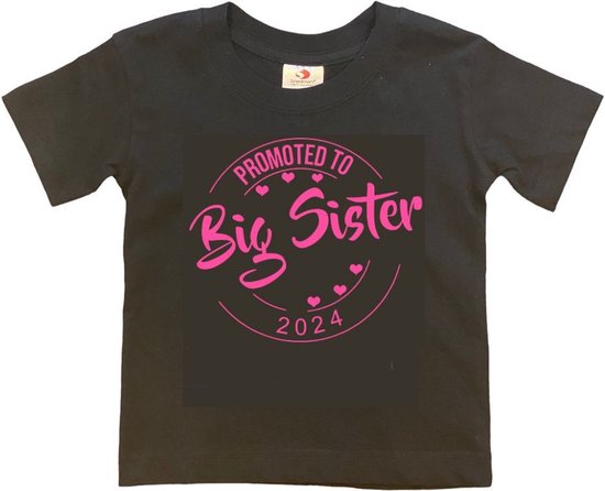 Shirt Aankondiging zwangerschap Promoted to Big Sister 2024 | korte mouw | Zwart/roze | maat 86/92 zwangerschap aankondiging bekendmaking Baby big sis sister Grote Zus