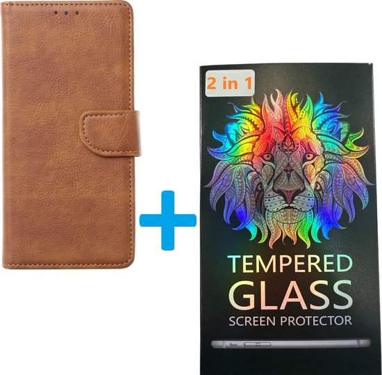 Portemonnee Book Case Hoesje + 2x Screenprotector Glas Geschikt voor: Samsung Galaxy A15 - Lichtbruin