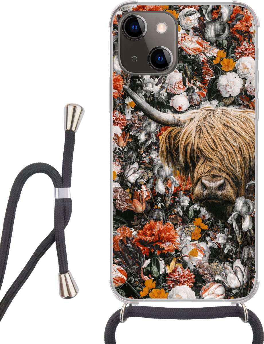 Telefoonhoesje Geschikt voor iPhone 13 Mini - Schotse hooglander - Bloemen - Oranje - Siliconen - Crossbody - Backcover met Koord - Telefoonhoesje met koord - Hoesje met touw Telefoonhoesje