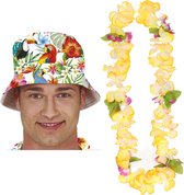 Carnaval verkleed set - Tropische Hawaii party - bucket hoedje - bloemenslinger geel - volwassenen