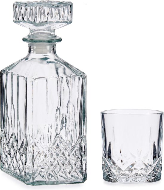 Luxe Karaf 0,9 liter van gedecoreerd glas met 4x stuks water/whisky glazen 300 ML gift set in doos