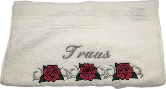 Moederdag Valentijn verjaardag Bad handdoek wit met rozen en naam of tekst.