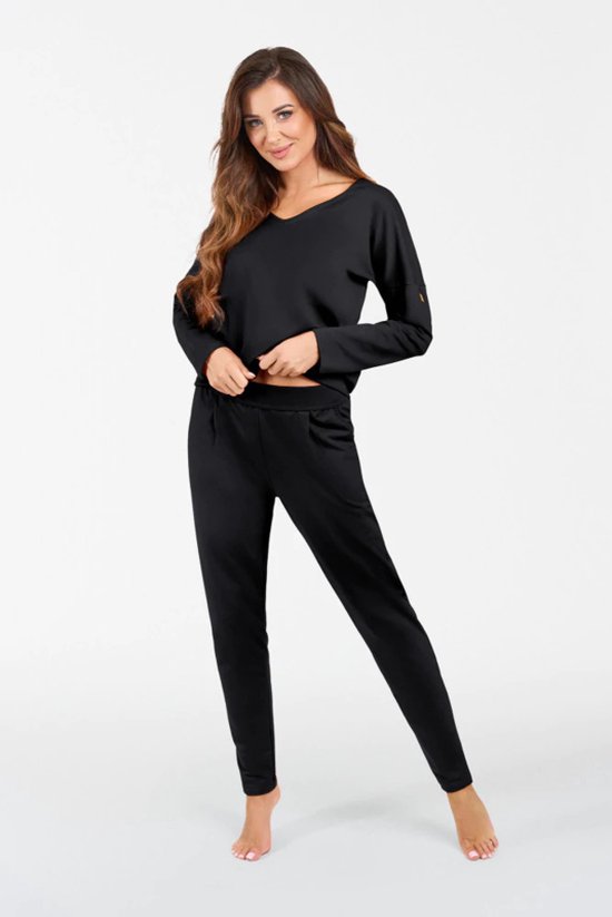 Italian Fashion | Karina | lange set | trainingspak set | huispak | katoen | losse snit | sexy schouder | zwart| laag uitgesneden broek XL