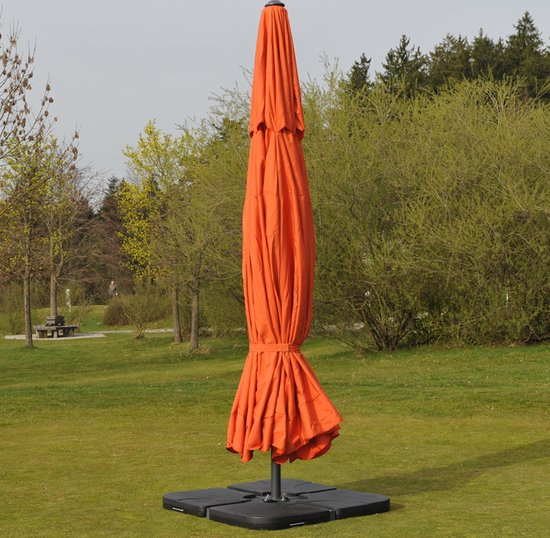 Parasol Meran Pro, horeca marktparasol met vouw Ø 5m polyester/aluminium 28kg ~ terracotta met voet