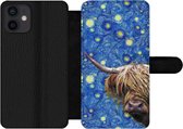 Bookcase Geschikt voor iPhone 12 Mini telefoonhoesje - Sterrennacht - Van Gogh - Schotse hooglander - Met vakjes - Wallet case met magneetsluiting