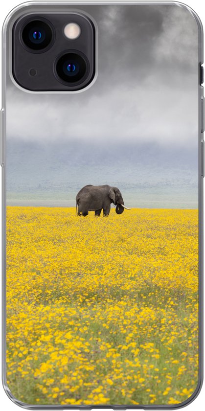 Coque iPhone 13 - Éléphant dans un champ de fleurs jaunes - Siliconen