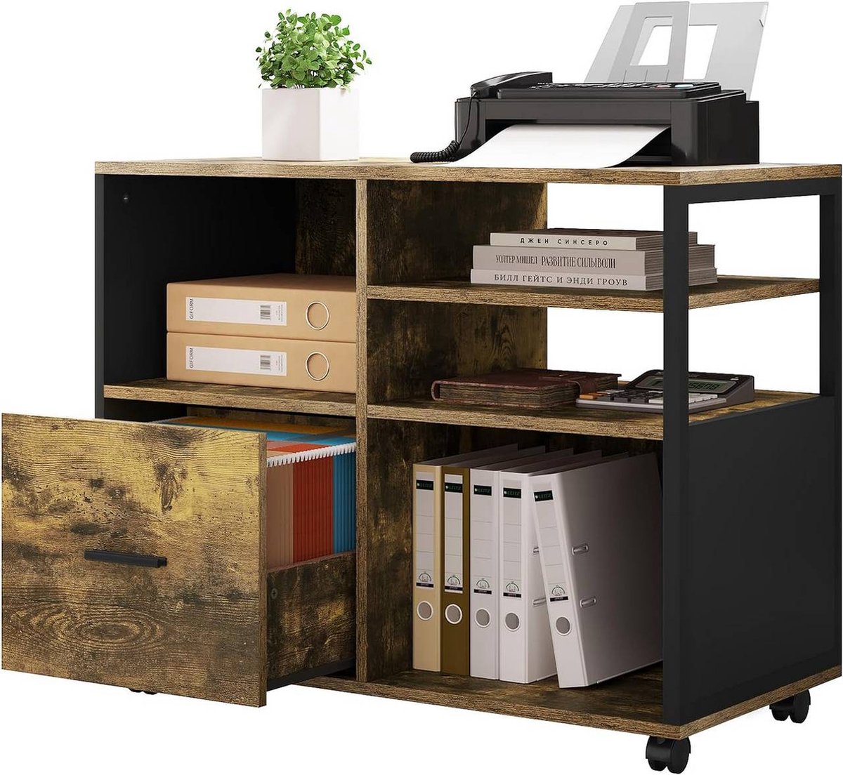 BukkitBow - Archiefkast / Printerkast op wieltjes - Kantoorkast met Industriele Look - met zwart Metalen Frame - Vintage Bruin Hout