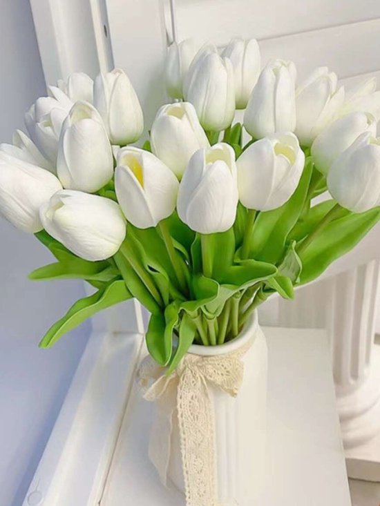 Real Touch Tulips - Wit - Real Touch Tulpen - White - Tulpen - Kunstbloemen - Kunst Tulpen - Kunst Boeket - Tulp - 36 CM - Zijden Bloemen - Latex Bloem - Bruiloft - Voorjaar - Lente