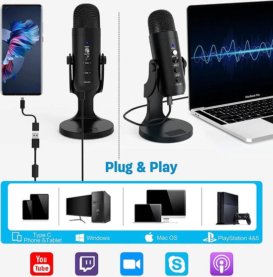 O&B Microfoon - Microfoon - USB Condenser Microfoon - Geschikt voor PC/Mac/PS4 - Zwart - Microfoon gaming - O&B
