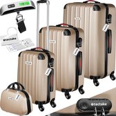tectake® 4-delige reiskofferset inclusief koffertrolley en bagageweger, 360° wielen, harde koffer met cijferslot, grote koffer, stapelbaar, trolley handbagage - champagne