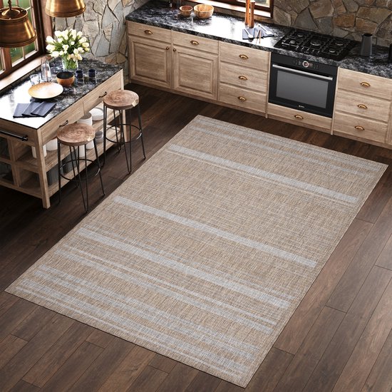 Tapiso Melissa Tapis Marron Grijs Intérieur Extérieur Cuisine Tapis à Poils Ras Taille - 120x170