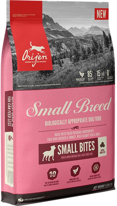 Orijen Small Breed biologisch hondenvoer. Met afbeelding van bergen. Bevat 85% verse regionale ingrediënten: kip, kalkoen, vis, kwartel.