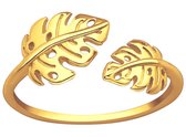 Joy|S - Zilveren blad ring verstelbaar - monstera - (maat 8: zie omschrijving) - aanschuifring - 14k goudplating