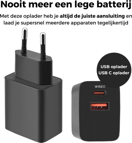 Chargeur rapide 25 W pour Samsung Huawei, Oppo, iPhone 15 et MacBook – Câble de charge USB C 1,2 m – Zwart - WiseQ