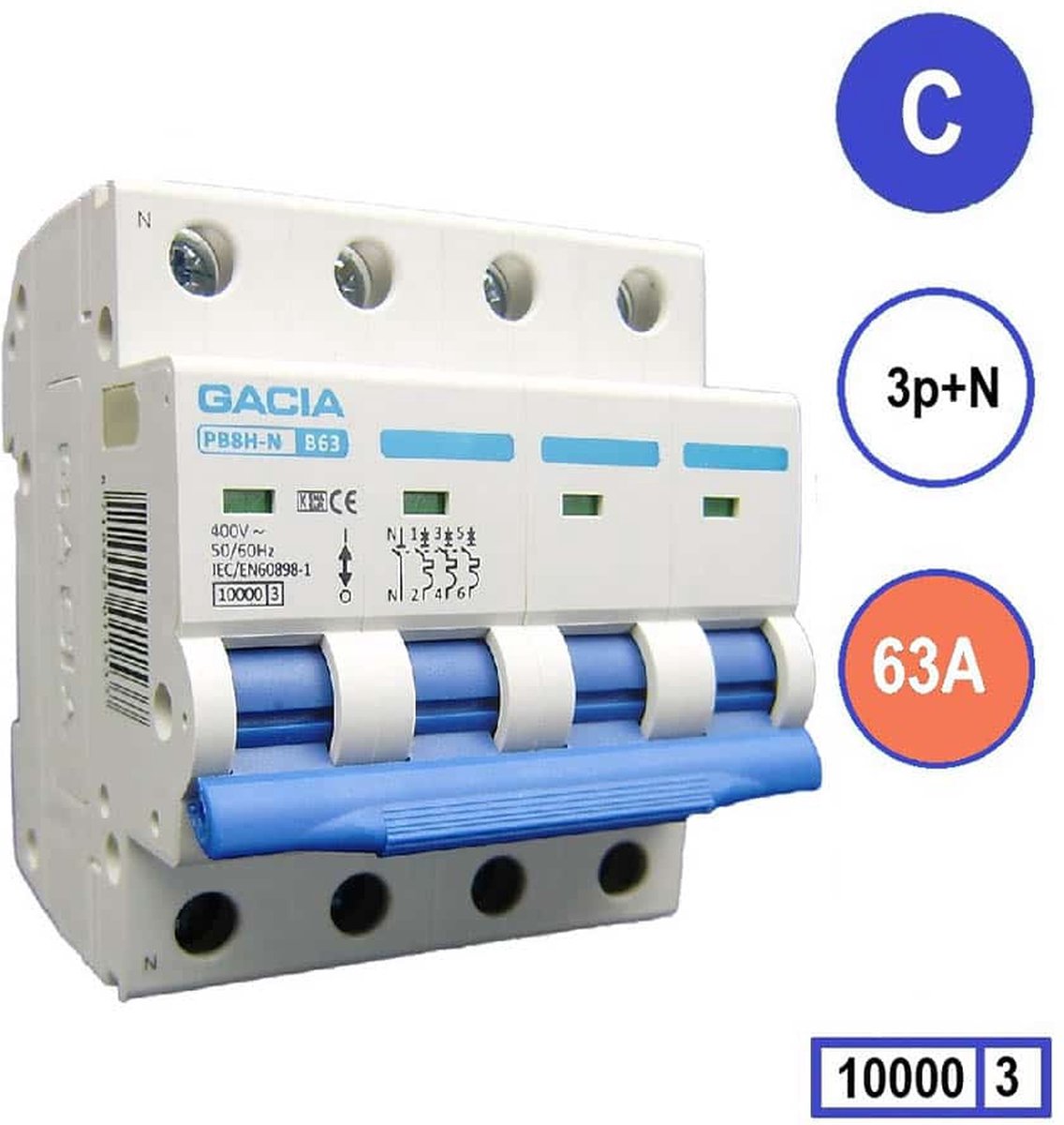 Gacia installatieautomaat 3P+N C63 10KA – PB8H-3NC63