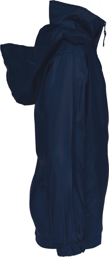 Zijaanzicht van een navy Kariban kinderwindjack met opgestoken kap.