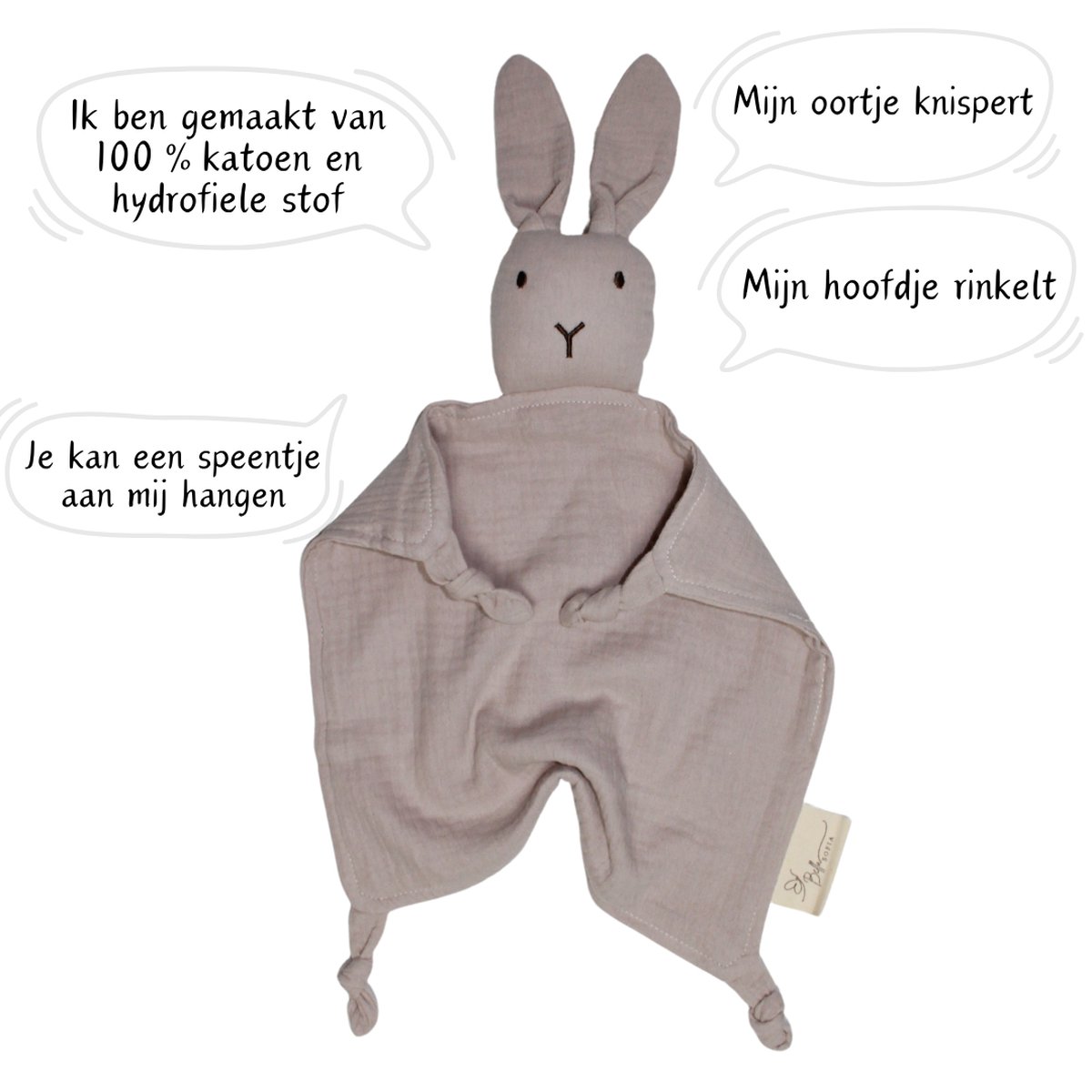 Bella Sofia® - Soof het Knuffelkonijn – Knuffeldoekje Grijs – Biologisch Katoenen Hydrofiel Speendoekje – Perfect Kraamcadeau – Babyshower Cadeau – Veilig Baby Speelgoed — afbeelding 4