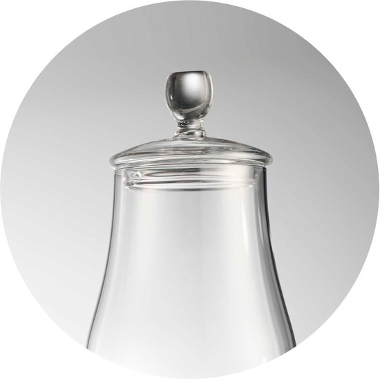 Le couvercle transparent en verre avec un bouton sur un verre assorti.