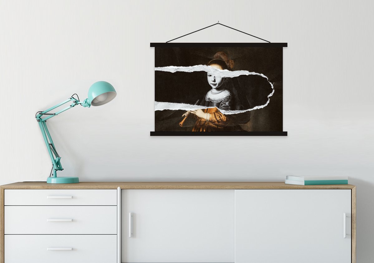 Posterhanger incl. Poster 90x60 cm - Schoolplaat - Elizabeth Spiegel - Zwart - Wit - Textielposter - Zwarte latten