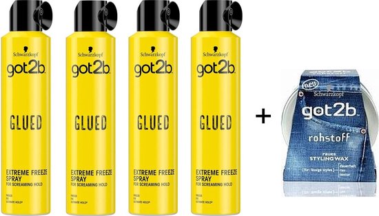 Got2b - Laque Collée pour Cheveux - 4 x 300 ml + Cire Got2b 75 ml - Extreme Freeze