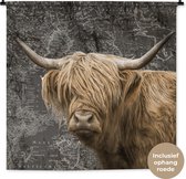 Wandkleed - Wanddoek - Schotse hooglander - Wereldkaart - Dieren - 150x150 cm - Wandtapijt