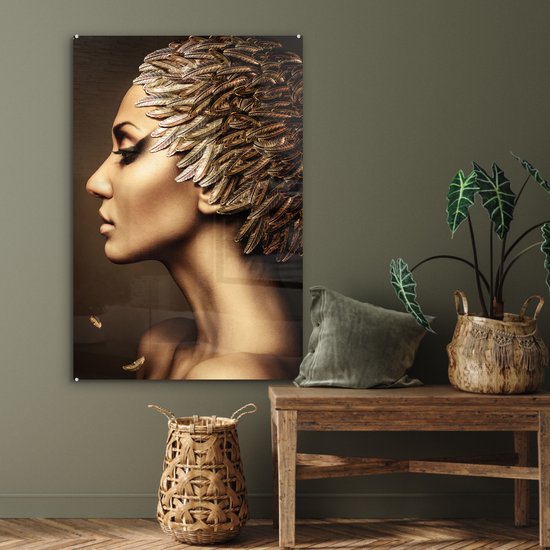 MuchoWow® Peinture sur verre 80x120 cm - Peinture sur verre - Femme - Abstrait - Or - Portrait - Photo sur verre acrylique - Décoration murale salon - Décoration murale chambre - Peintures